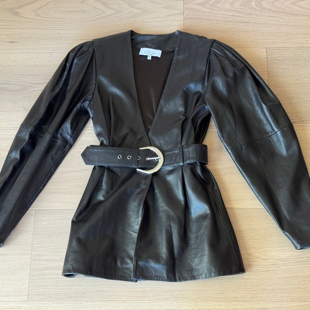 L'Academie Black Leather Belted Jacket